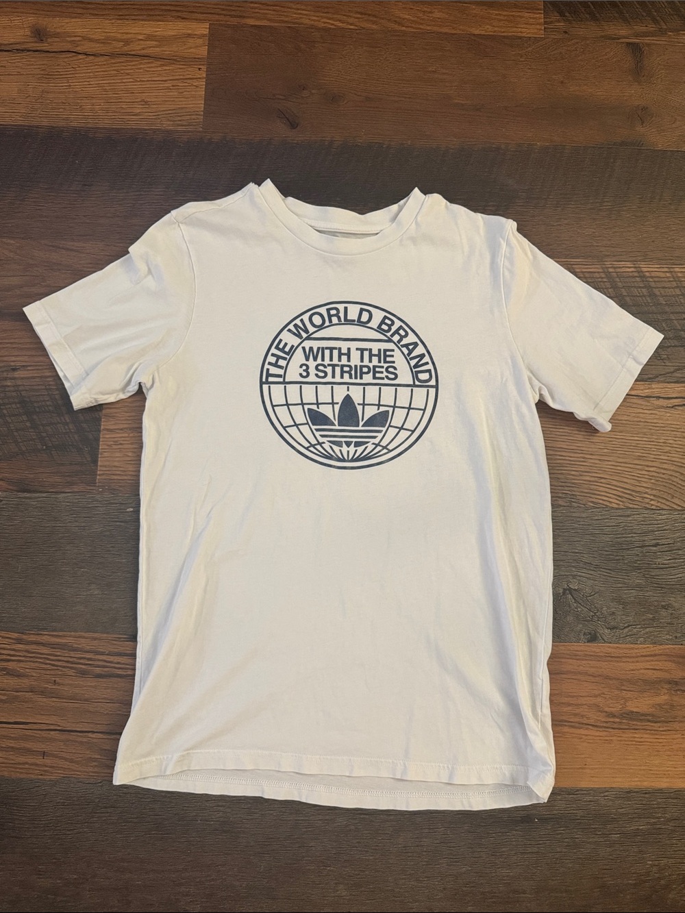 adidas White Tee with Navy Globe Trefoil Graphic